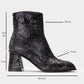 Nina - Black Patterned Block Heel Ankle Boot (Women)