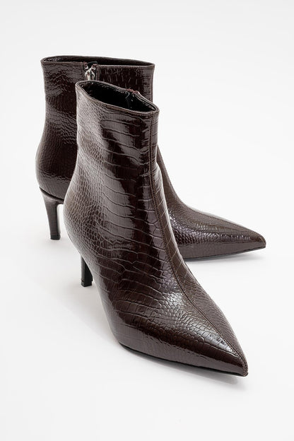 Noya Pointed Toe Slim Heel Boot - Brown Pattern