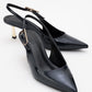 Arty - Navy Patent Buckled Pointed Toe Slingback Stiletto (Women)