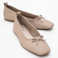 Sosa - Beige Genuine Leather Square-Toe Bow Ballet Flat (Women)