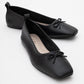 Sosa - Black Genuine Leather Square-Toe Bow Ballet Flat (Women)