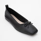 Sosa - Black Genuine Leather Square-Toe Bow Ballet Flat (Women)