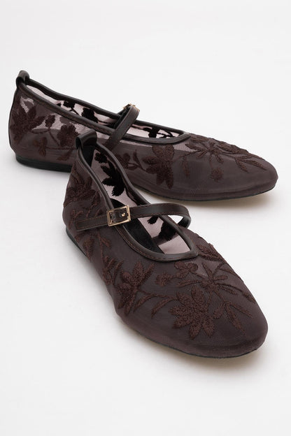 Juny Brown Mesh Floral Ballet Flat