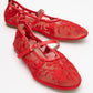 Juny Red Mesh Floral Embroidery Ballet Flat (Women)