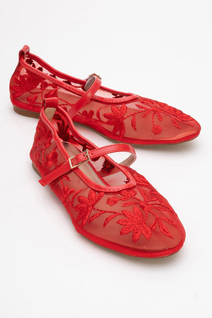 Juny Red Mesh Floral Ballet Flat