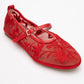 Juny Red Mesh Floral Embroidery Ballet Flat (Women)