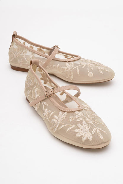 Juny Beige Mesh Floral Ballet Flat