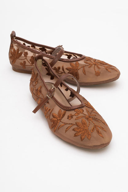 Juny Cognac Brown Mesh Floral Ballet Flat