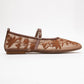 Juny Cognac Brown Mesh Floral Embroidery Ballet Flat (Women)