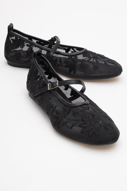 Juny Black Mesh Floral Ballet Flat