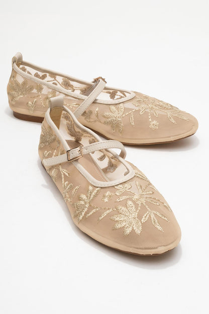 Juny Cream Mesh Floral Ballet Flat