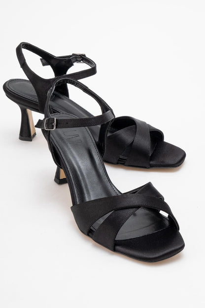 Melin Black Satin Cross-Strap Stiletto Heel