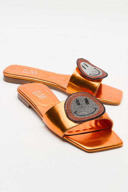 Yavn Orange Jeweled Flat Sandal