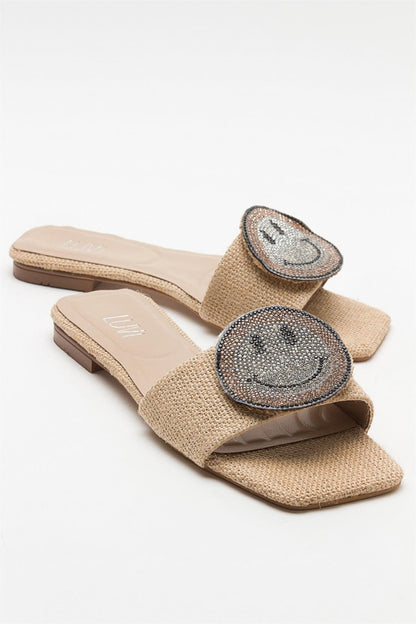 Yavn Beige Jeweled Flat Sandal