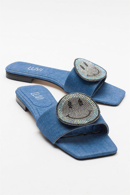 Yavn Denim Blue Jeweled Flat Sandal