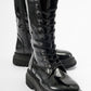 Piola - Black Crinkled Patent Lace-Up Zip Combat Boot (Women)