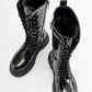 Piola - Black Crinkled Patent Lace-Up Zip Combat Boot (Women)