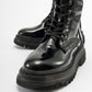 Piola - Black Crinkled Patent Lace-Up Zip Combat Boot (Women)