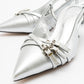 Woss - Silver Leather-Effect Belt Detail Heeled Shoe (Women)