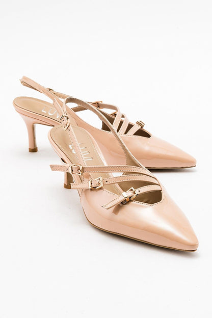 Magra Beige Patent Pointed-Toe Slingback Stiletto