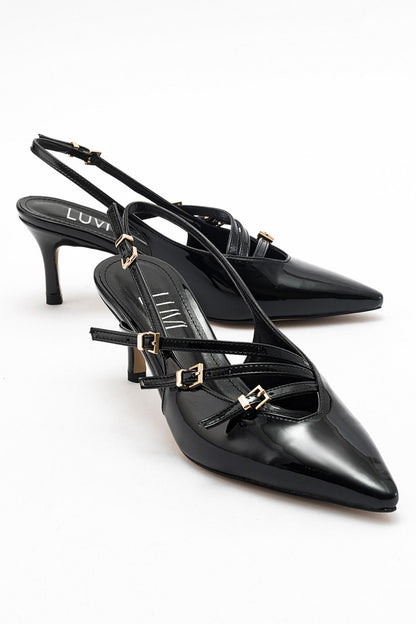 Magra Black Patent Pointed-Toe Slingback Stiletto