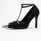 Juliana - Black Strapped Metallic Toe Heeled Shoe (Women)