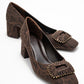 Velora - Brown Patterned Buckled Block Heel Shoe (Women)
