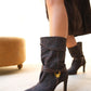 Myra - Brown Snake-Embossed Genuine Leather Banded Buckle Heeled Ankle Boot (Women)