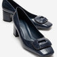 VELORA - Navy Buckled Block Heel Shoe (Women)
