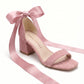 Rova Dusty Pink Suede Satin Bow Block Heel Sandal