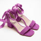 Fleurette Fuchsia Suede Satin Ribbon Ankle Strap Block Heel Sandal