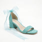 Noelani Aqua Blue Suede Organza Ribbon Ankle Strap Block Heel Sandal