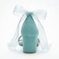 Noelani Aqua Blue Suede Organza Ribbon Ankle Strap Block Heel Sandal