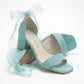 Noelani Aqua Blue Suede Organza Ribbon Ankle Strap Block Heel Sandal