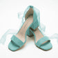 Noelani Aqua Blue Suede Organza Ribbon Ankle Strap Block Heel Sandal