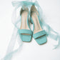 Noelani Aqua Blue Suede Organza Ribbon Ankle Strap Block Heel Sandal