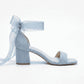 Blumira Baby Blue Suede Organza Tulle Ribbon Ankle Strap Block Heel Sandal