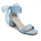 Orlina Blue Suede Organza Ribbon Ankle Strap Block Heel Sandal