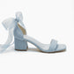 Orlina Blue Suede Organza Ribbon Ankle Strap Block Heel Sandal