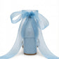 Orlina Blue Suede Organza Ribbon Ankle Strap Block Heel Sandal