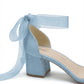 Orlina Blue Suede Organza Ribbon Ankle Strap Block Heel Sandal