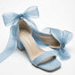 Orlina Blue Suede Organza Ribbon Ankle Strap Block Heel Sandal