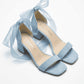 Orlina Blue Suede Organza Ribbon Ankle Strap Block Heel Sandal