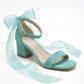 Bellira Aqua Suede Organza Tulle Ribbon Ankle Strap Block Heel Sandal