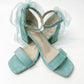 Bellira Aqua Suede Organza Tulle Ribbon Ankle Strap Block Heel Sandal