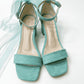 Bellira Aqua Suede Organza Tulle Ribbon Ankle Strap Block Heel Sandal