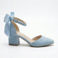 Arielle Baby Blue Suede Bow Ankle Strap Block Heel Sandal