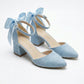 Arielle Baby Blue Suede Bow Ankle Strap Block Heel Sandal