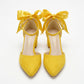 Arielle Yellow Suede Bow Ankle Strap Block Heel Sandal