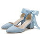 Fiona - Baby Blue Suede Heels With Satin Ribbon